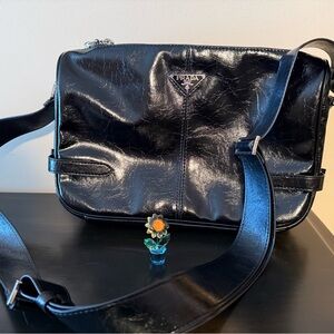 NEW Black Shiny Shoulder Crossbody Bag with Silver Hardware